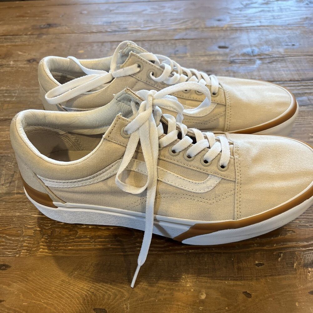 Vans Old Skool Stacked Canvas Platform Shoes Cream Gum Men 9.5 Women 11